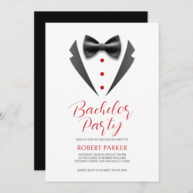 Black Tuxedo Silhouette Bachelor Party Invite  (Front/Back)