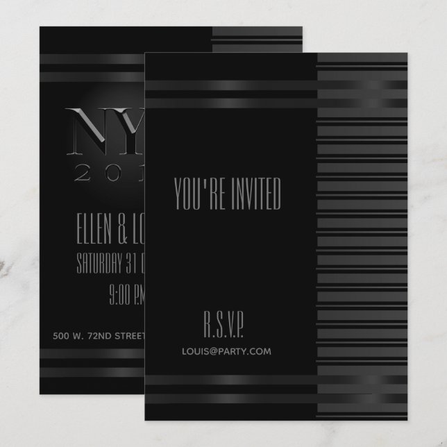 Black Tuxedo Stripe NYE Formal Elegant Invitation (Front/Back)
