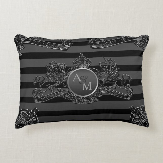 Black Tuxedo Stripe Pewter Lion Emblem Ring Bearer Decorative Cushion (Front)