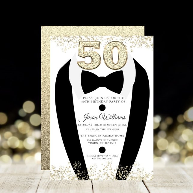 Black Tuxedo Suit Gold Mens 50th Birthday Party Invitation (Creator Uploaded)