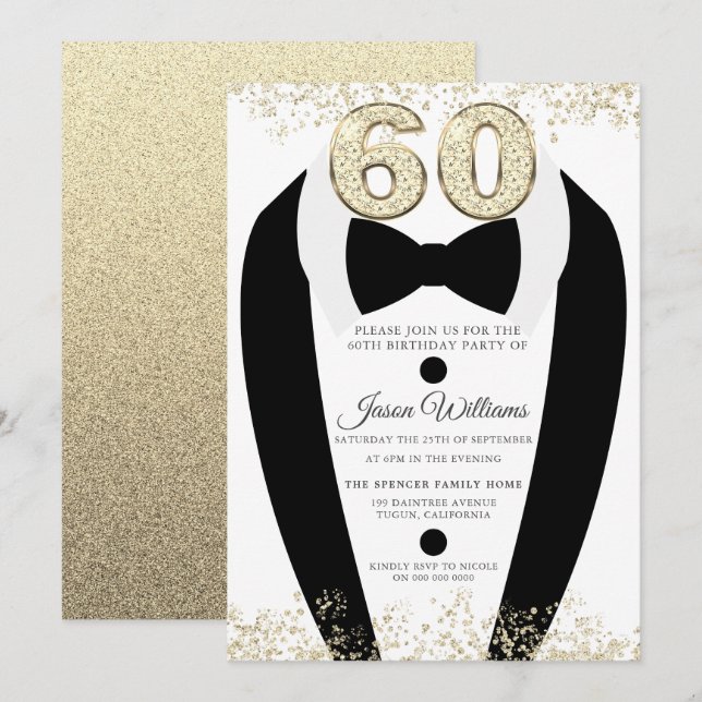 Black Tuxedo Suit Gold Mens 60th Birthday Party Invitation (Front/Back)