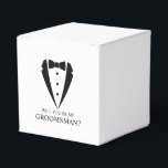 Black Tuxedo Suit Groomsman Proposal Favour Box<br><div class="desc">Make Your Wedding Unforgettable – Add a personal touch with a groomsman proposal favour boxes
featuring a black tuxedo suit and bow tie illustration,  with proposal message in a classic serif font.</div>