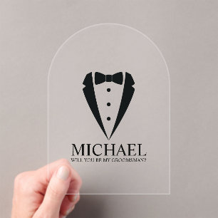 Black Tuxedo Suit Personalised Groomsman Proposal Acrylic Invitations