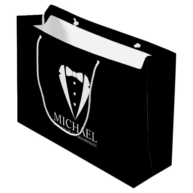Black Tuxedo Suit Personalised Groomsman Proposal Large Gift Bag (Front Angled)