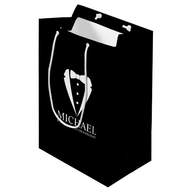 Black Tuxedo Suit Personalised Groomsman Proposal Medium Gift Bag (Front Angled)
