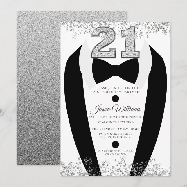 Black Tuxedo Suit Silver Mens 21st Birthday Party Invitation (Front/Back)
