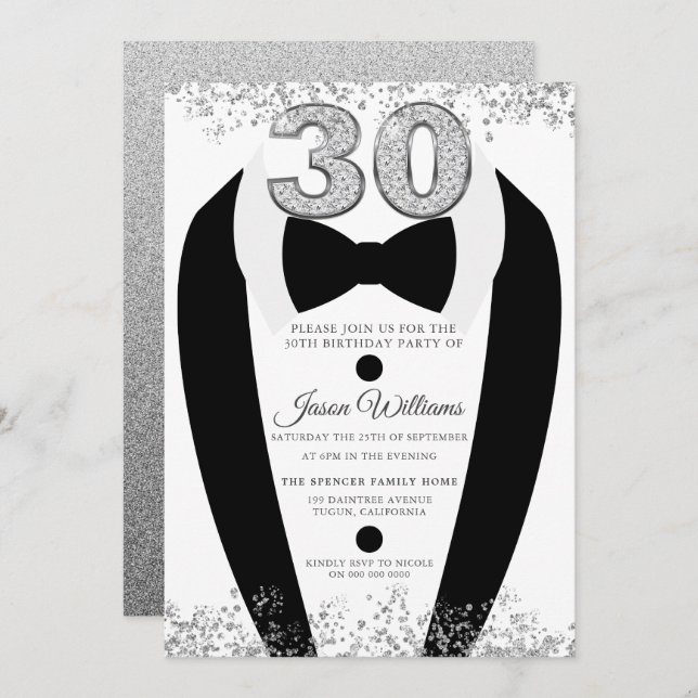 Black Tuxedo Suit Silver Mens 30th Birthday Party Invitation (Front/Back)