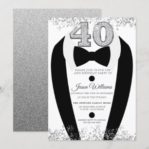 Black Tuxedo Suit Silver Mens 40th Birthday Party Invitation
