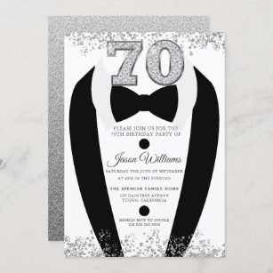 Black Tuxedo Suit Silver Mens 70th Birthday Party Invitation