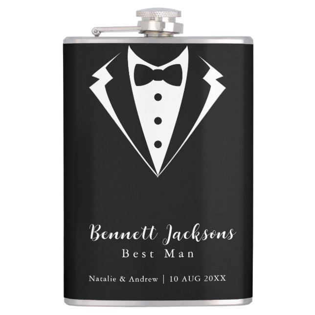 Black Tuxedo Tie Best Man Wedding Hip Flask (Front)