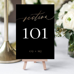 Black Tuxedo Yellow Gold Calligraphy Wedding Table Number