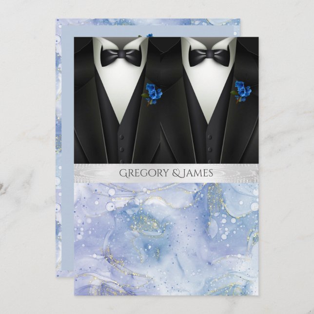 Black Tuxedos Blue Boutonniere Wedding Invitation (Front/Back)