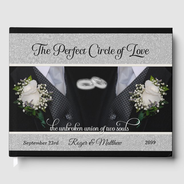 Black Tuxes and Rings Gay Wedding Two Grooms Guest Book (Front)