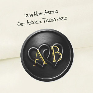 Black Two Hearts Intertwined Monogram Wedding Classic Round Sticker