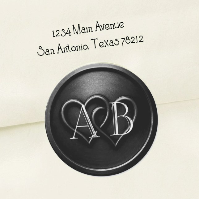 Black Two Hearts Silver Monogram Wedding Classic Round Sticker (Creator Uploaded)