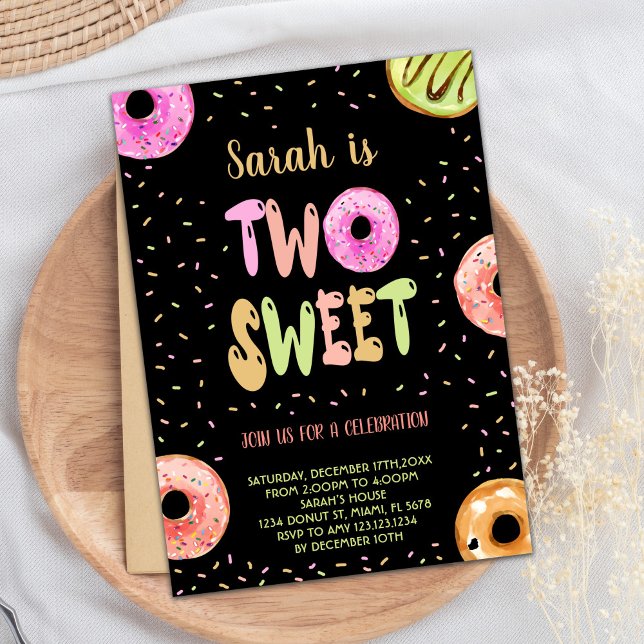Black Two Sweet Pastel Doughnut Birthday Invitatio Invitation (Black Two Sweet Pastel Donut Birthday Invitations)