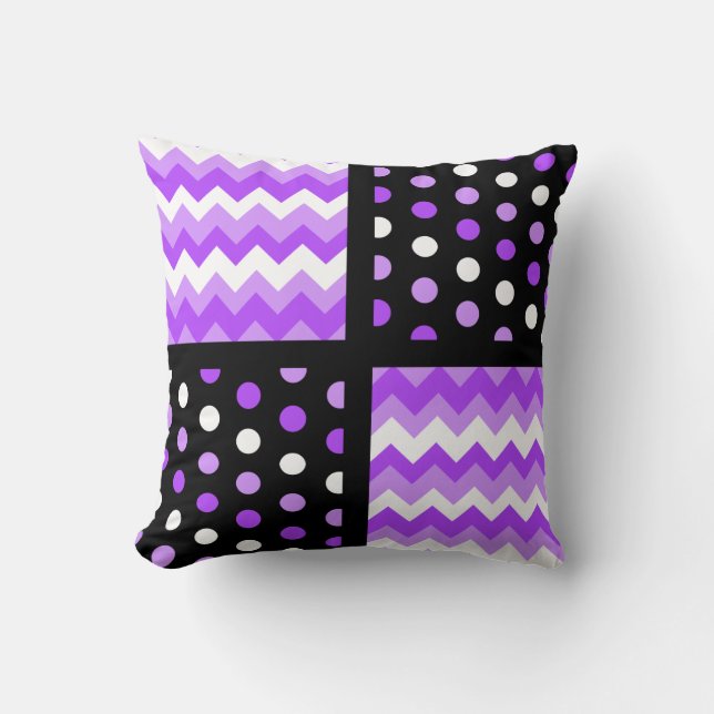 Black/Two-Tone Ultraviolet/White Chevron/Polkadot Cushion (Front)