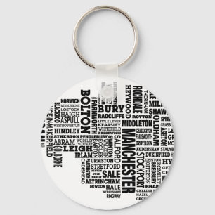 Black type map of Greater Manchester Key Ring