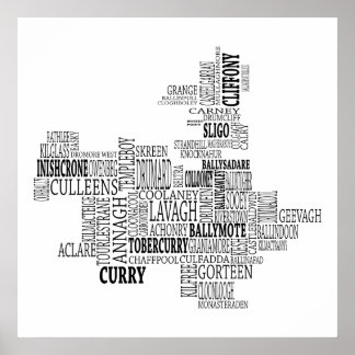 Black Typographical Map of Co. Sligo, Ireland Poster