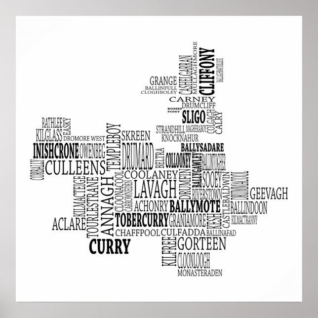 Black Typographical Map of Co. Sligo, Ireland Poster (Front)