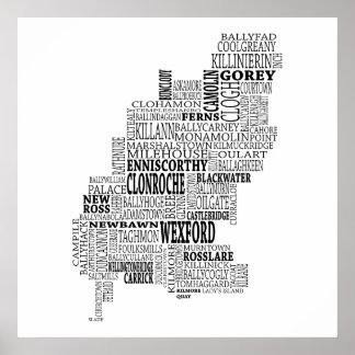 Black Typographical Map of Co. Wexford, Ireland Poster