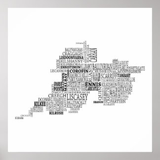 Black Typographical Map of County Clare, Ireland Poster