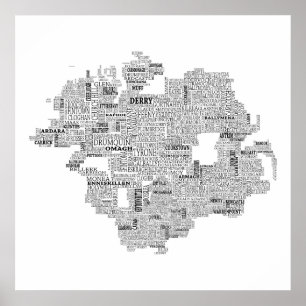 Black Typographical Map of Ulster, Ireland Poster