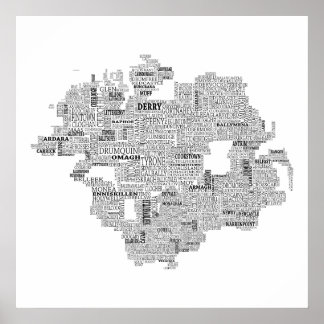 Black Typographical Map of Ulster, Ireland Poster