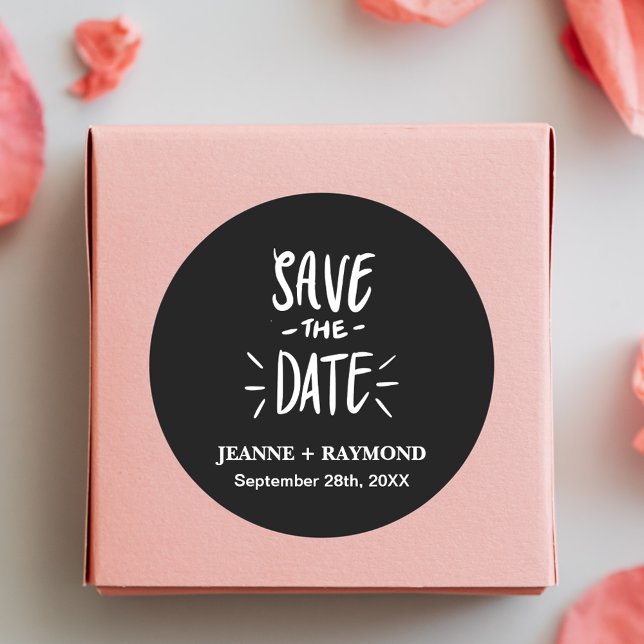 Black Typography Customised Wedding Save the Date Classic Round Sticker (Creator Uploaded)