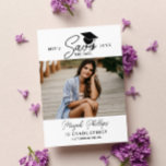 Black Typography Photo Graduation Save the Date<br><div class="desc">Double sided graduation save the date card with a typography design and a photo of the graduate. Add three more photos to the back in a clean collage. Graduation save the date template card personalised with photos.</div>