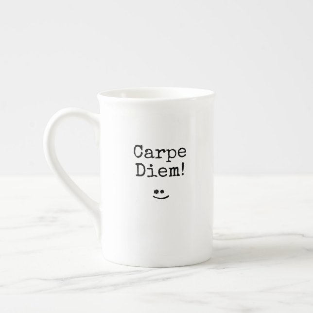 Black Typography Phrase Carpe Diem Bone China Mug (Left)