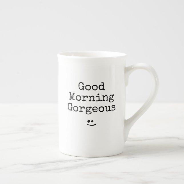 Black Typography Phrase Good Morning Gorgeous Bone China Mug (Right)