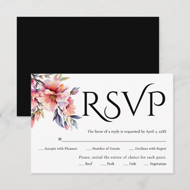Black typography, rhododendron branch with flowers RSVP card (Front/Back)