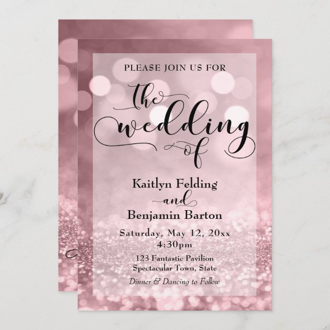 Black Typography & Rose Gold Glitter Bokeh Wedding Invitation (Front/Back)