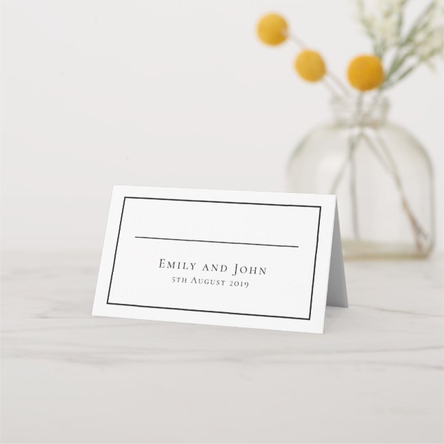 Black Typography Single Line Border Names Date Place Card (Front)