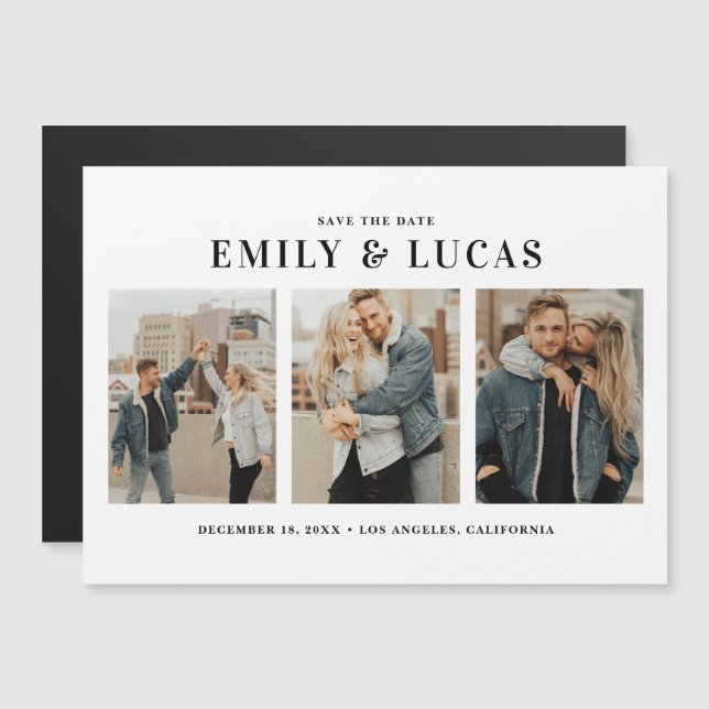 Black Typography Three Photo Collage Save The Date Magnetic Invitation (Front/Back)