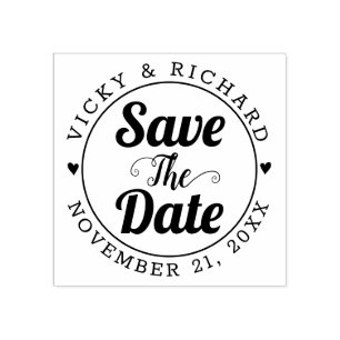 Black typography wedding Save the Date and hearts Rubber Stamp