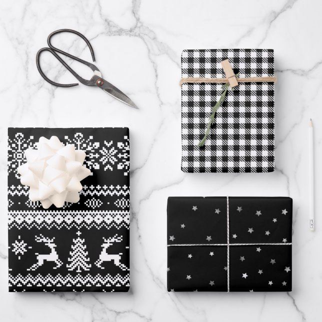 Black ugly Christmas sweater buffalo plaid & stars Wrapping Paper Sheet (Front)