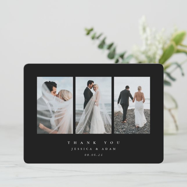 Black Ultra Minimal Triple Photo Wedding Flat Thank You Card (Standing Front)