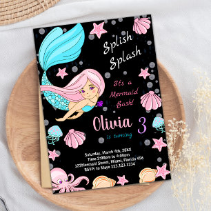 Black Under the sea Mermaid Birthday Invitations