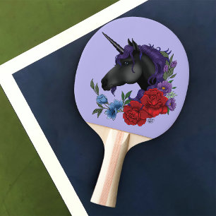 Black Unicorn and Flowers Ping Pong Paddle