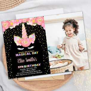 Black Unicorn Birthday Invitations with photo
