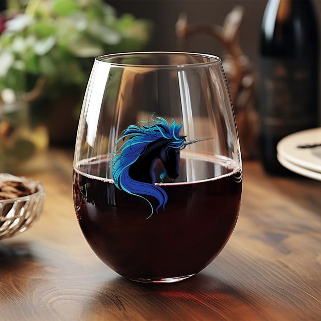 Black Unicorn Blue Silver Stemless Wine Glass (Creator Uploaded)