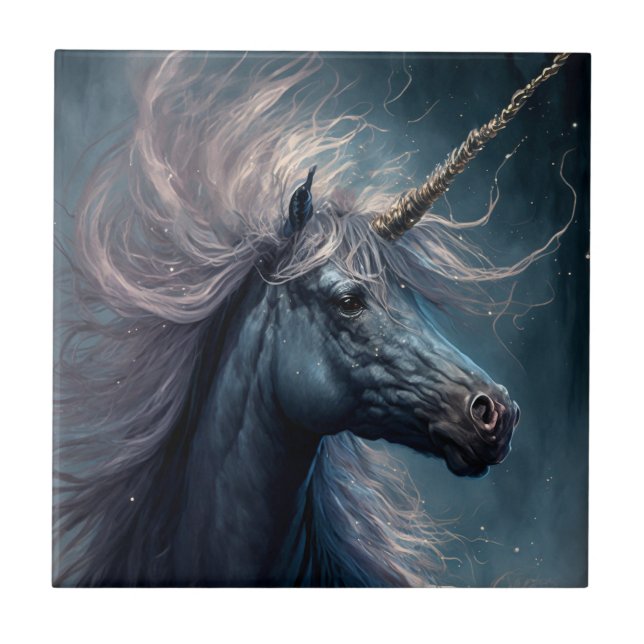 Black Unicorn Fantasy Art Ceramic Tile (Front)