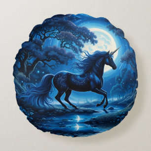 Black Unicorn Fantasy Full Moon Round Cushion