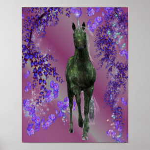 Black Unicorn Flowers Fantasy Horse Art Poster