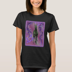 Black Unicorn Flowers Fantasy Horse Art T-Shirt