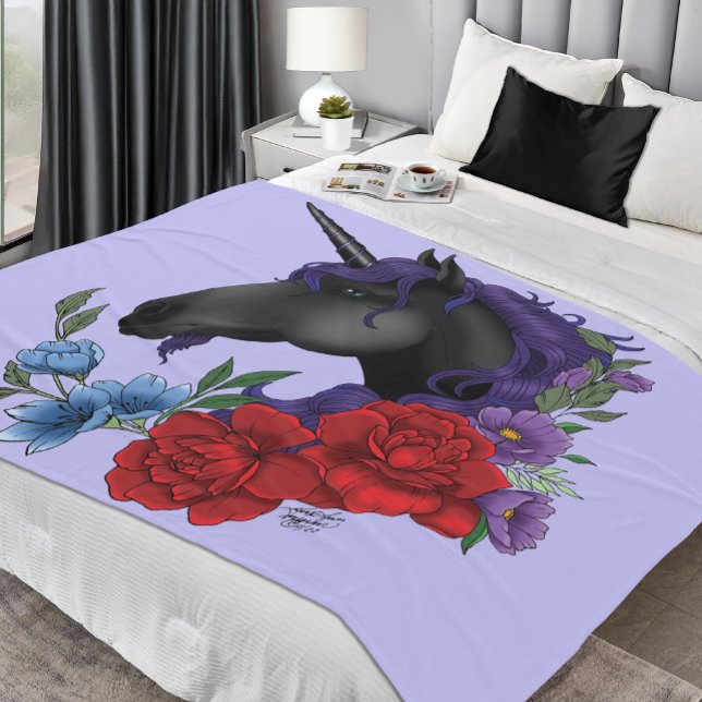 Black Unicorn Flowers Purple Fleece Blanket (Creator Uploaded)
