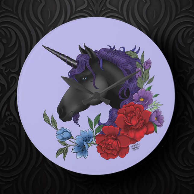 Black Unicorn Flowers Purple Large Clock (Creator Uploaded)