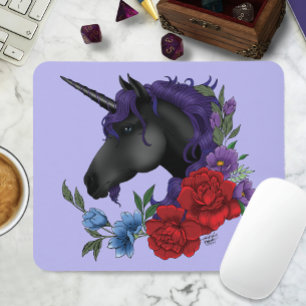 Black Unicorn Flowers Purple Mouse Pad